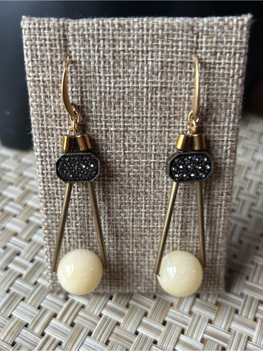 Art Deco inspired gold tone  agate and crystal pierced dangle earrings.